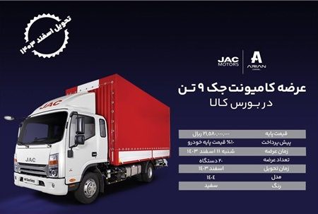کامیونت جک ۹ تن به‌عنوان یکی از پرفروش‌ترین و پرتقاضاترین محصولات آرین دیزل، این بار با تحویل ویژه ۱۵ روزه از طریق بورس کالای ایران عرضه خواهد شد